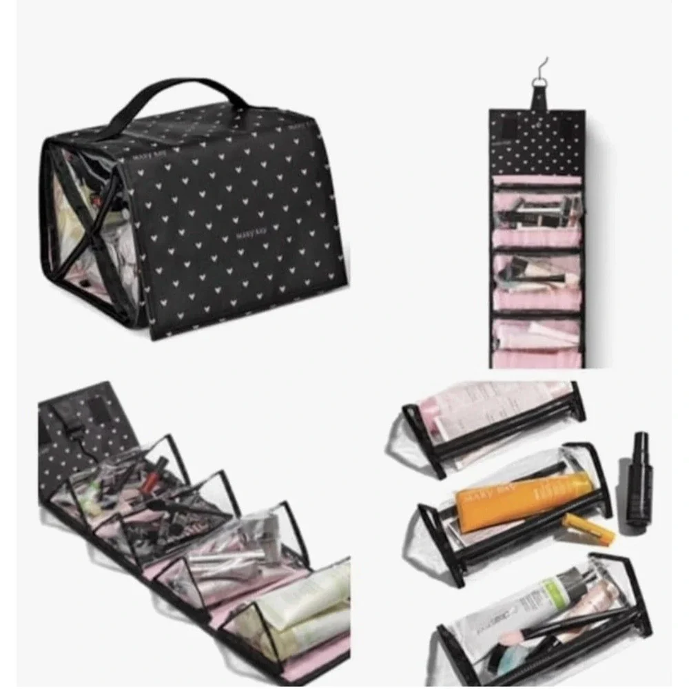 Mary Kay Travel Roll‎ Up Bag - Black w/ Pink Hearts Hanging Organizer Cosmetic